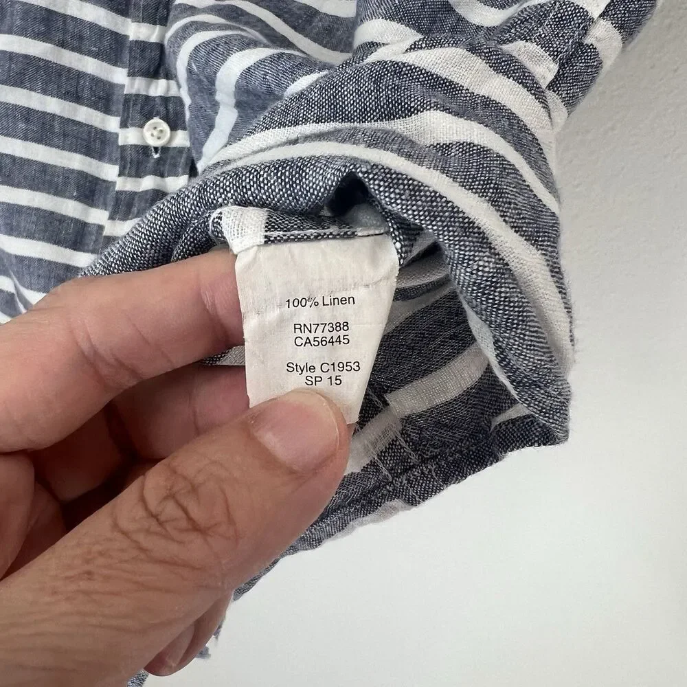 J. CREW 100% Linen Nautical Striped Short Sleeve Button Up Size Large Vacation